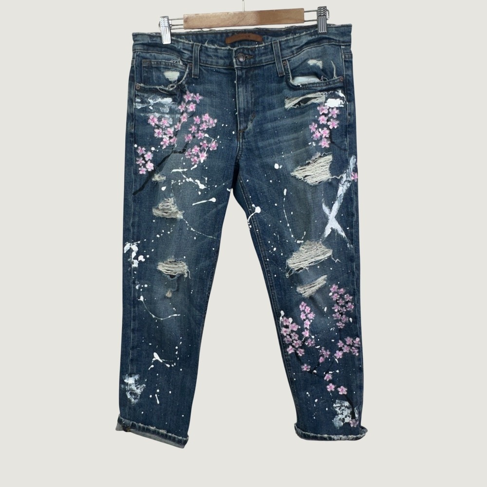Joes Jeans Boyfriend Slim‎ Crop 29 Blue Denim Cherry DIY Blossom Paint Splatter